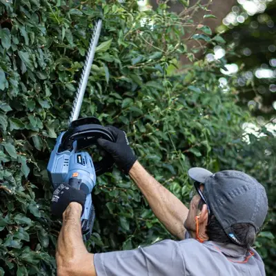 Homem de boné aparando uma cerca viva com o aparador elétrico azul