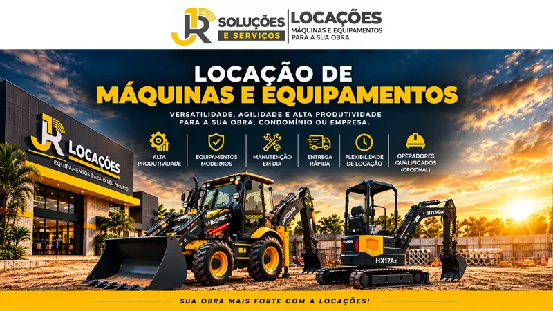 Arte da JR Locações: locação de máquinas e equipamentos, com a loja, uma retroescavadeira e uma mini escavadeira ao pôr do sol