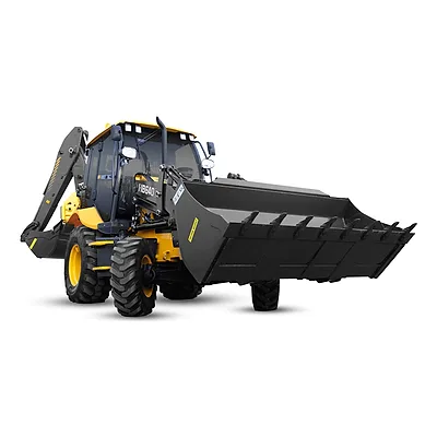 Retroescavadeira Hyundai HB640C amarela e preta, com concha frontal e braço traseiro
